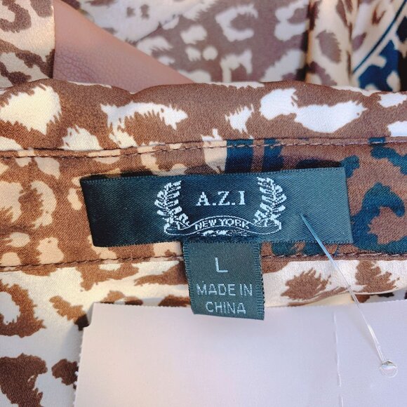 NWT A.Z.I Animal Print Button-up Blouse Faux Leather Shoulder Details Size L - Picture 6 of 8